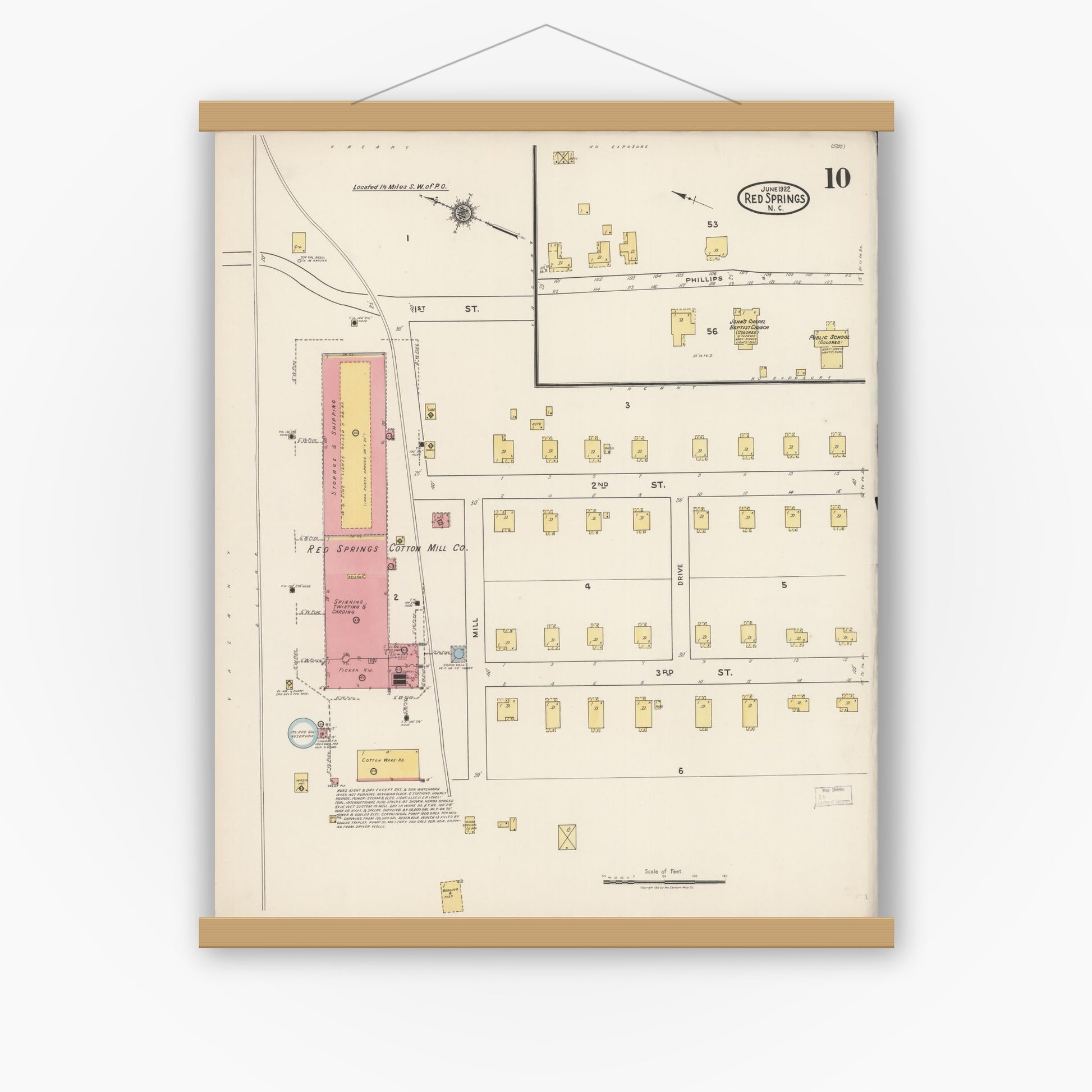 Old map wall art mockup — magnetic wood frame on white wall — Sanborn Fire Insurance Map from Red Springs, Robeson County, North Carolina (1922), Sheet #0010
