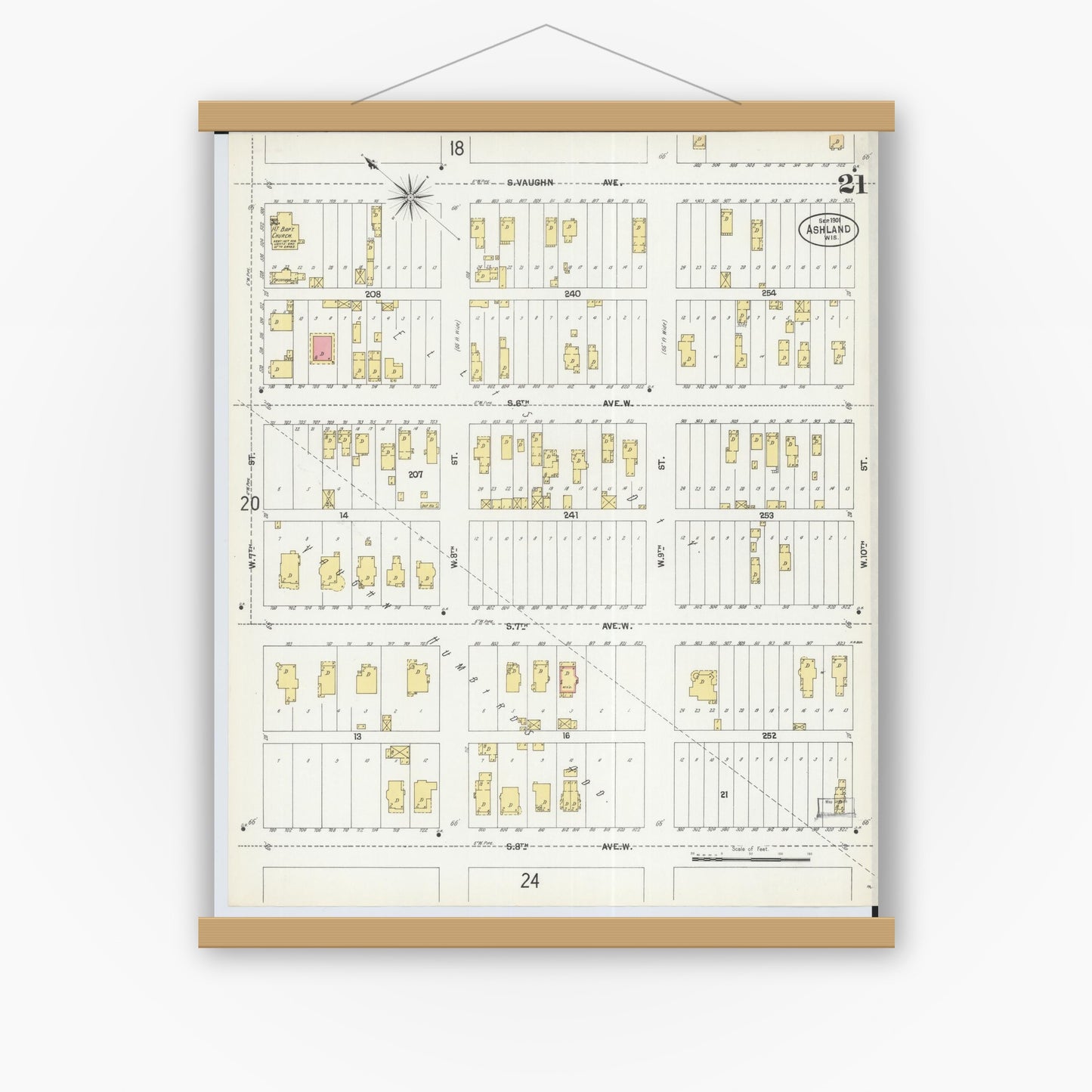Old map wall art mockup — magnetic wood frame on white wall — Sanborn Fire Insurance Map from Ashland, Ashland County, Wisconsin (1901), Sheet #0021