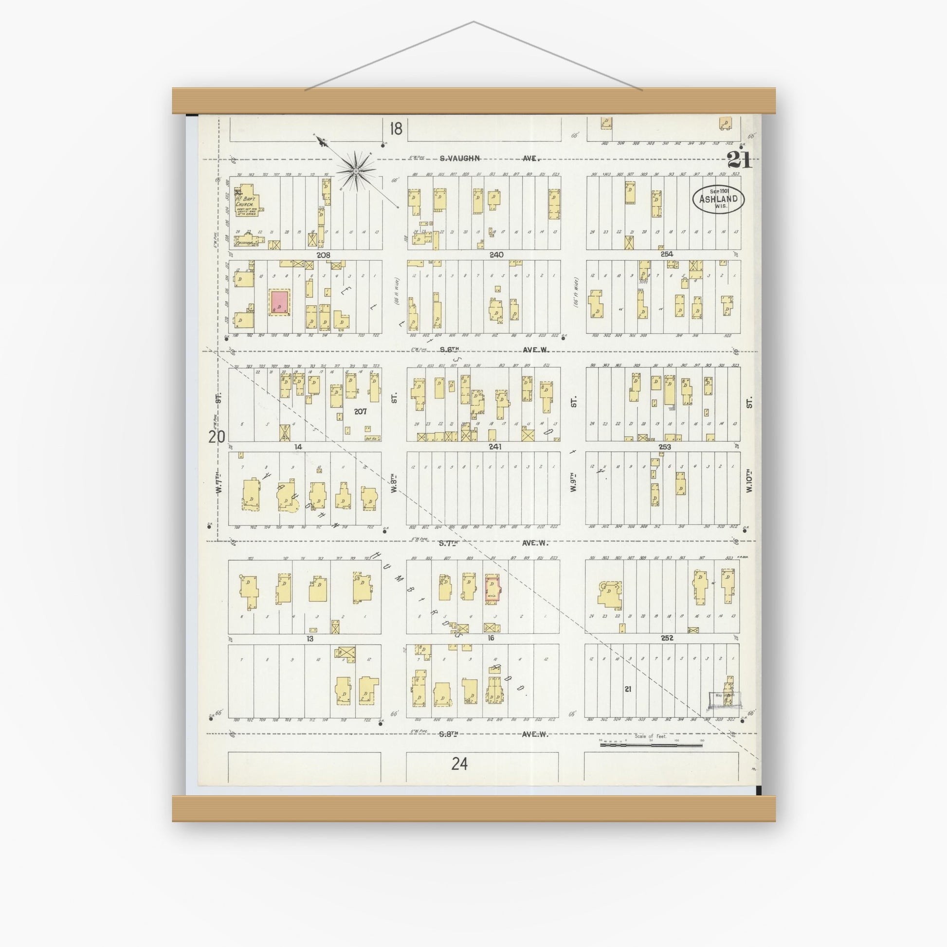 Old map wall art mockup — magnetic wood frame on white wall — Sanborn Fire Insurance Map from Ashland, Ashland County, Wisconsin (1901), Sheet #0021