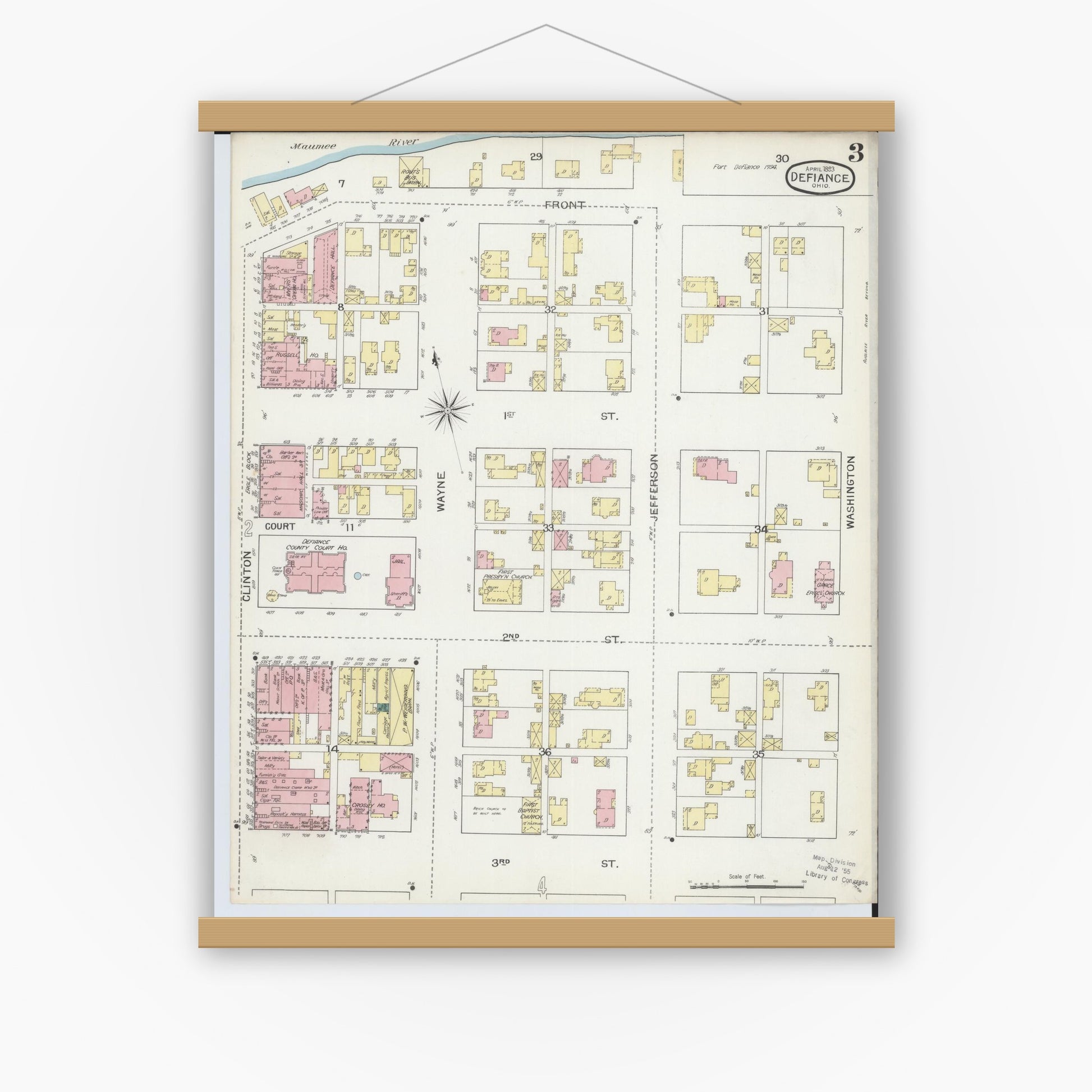 Old map wall art mockup — magnetic wood frame on white wall — Sanborn Fire Insurance Map from Defiance, Defiance County, Ohio (1893), Sheet #0003