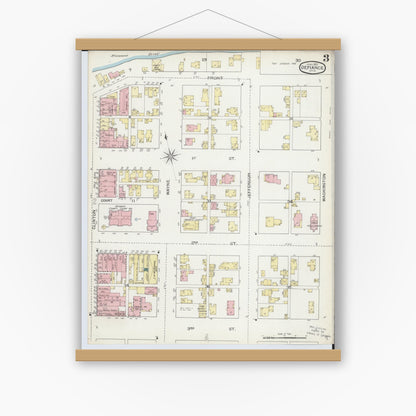 Old map wall art mockup — magnetic wood frame on white wall — Sanborn Fire Insurance Map from Defiance, Defiance County, Ohio (1893), Sheet #0003