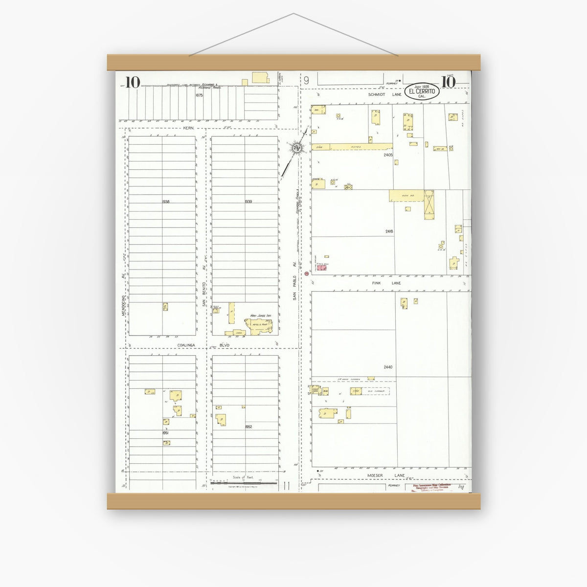 Old map wall art mockup — magnetic wood frame on white wall — Sanborn Fire Insurance Map from El Cerrito, Contra Costa County, California (1926), Sheet #0010