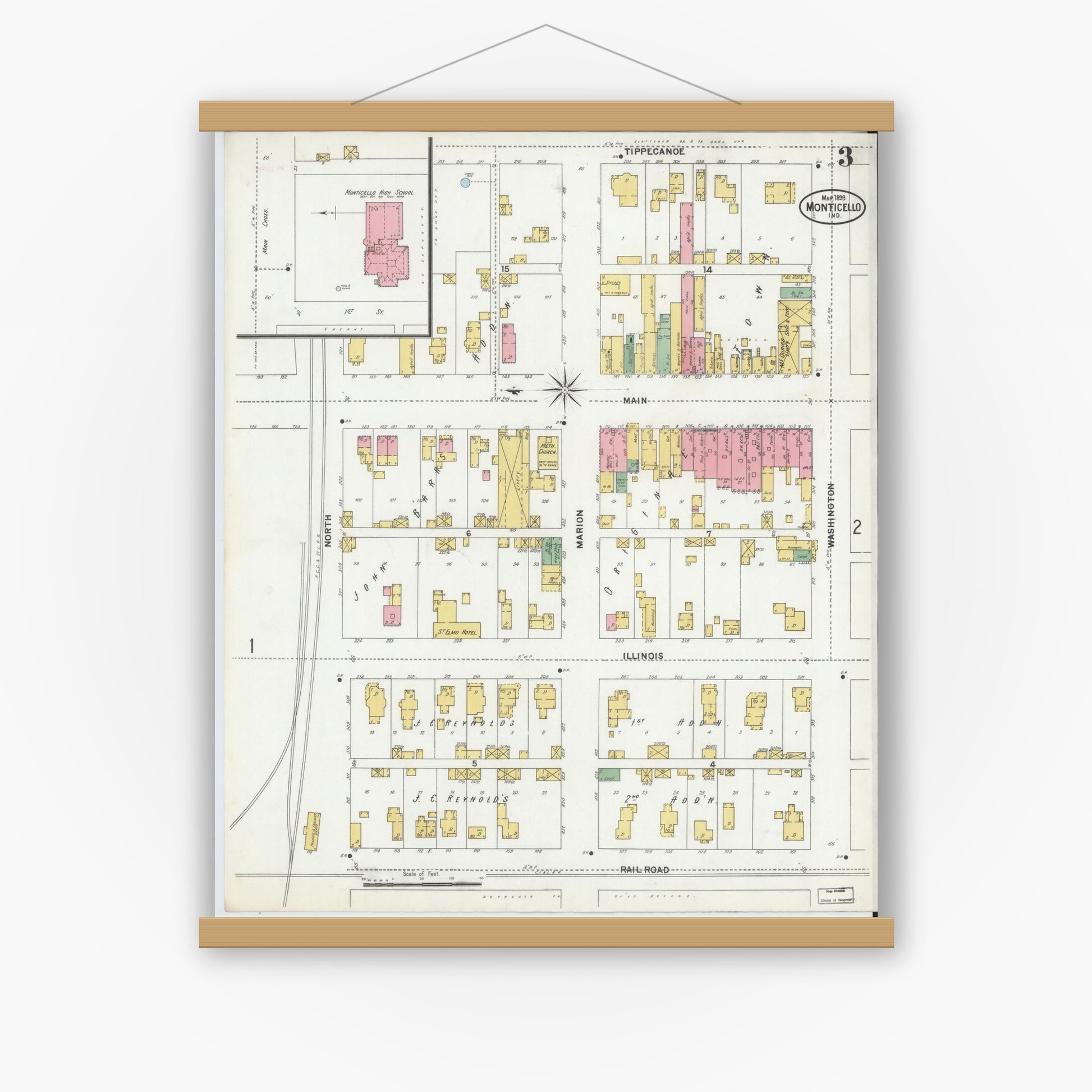 Old map wall art mockup — magnetic wood frame on white wall — Sanborn Fire Insurance Map from Monticello, White County, Indiana (1899), Sheet #0003
