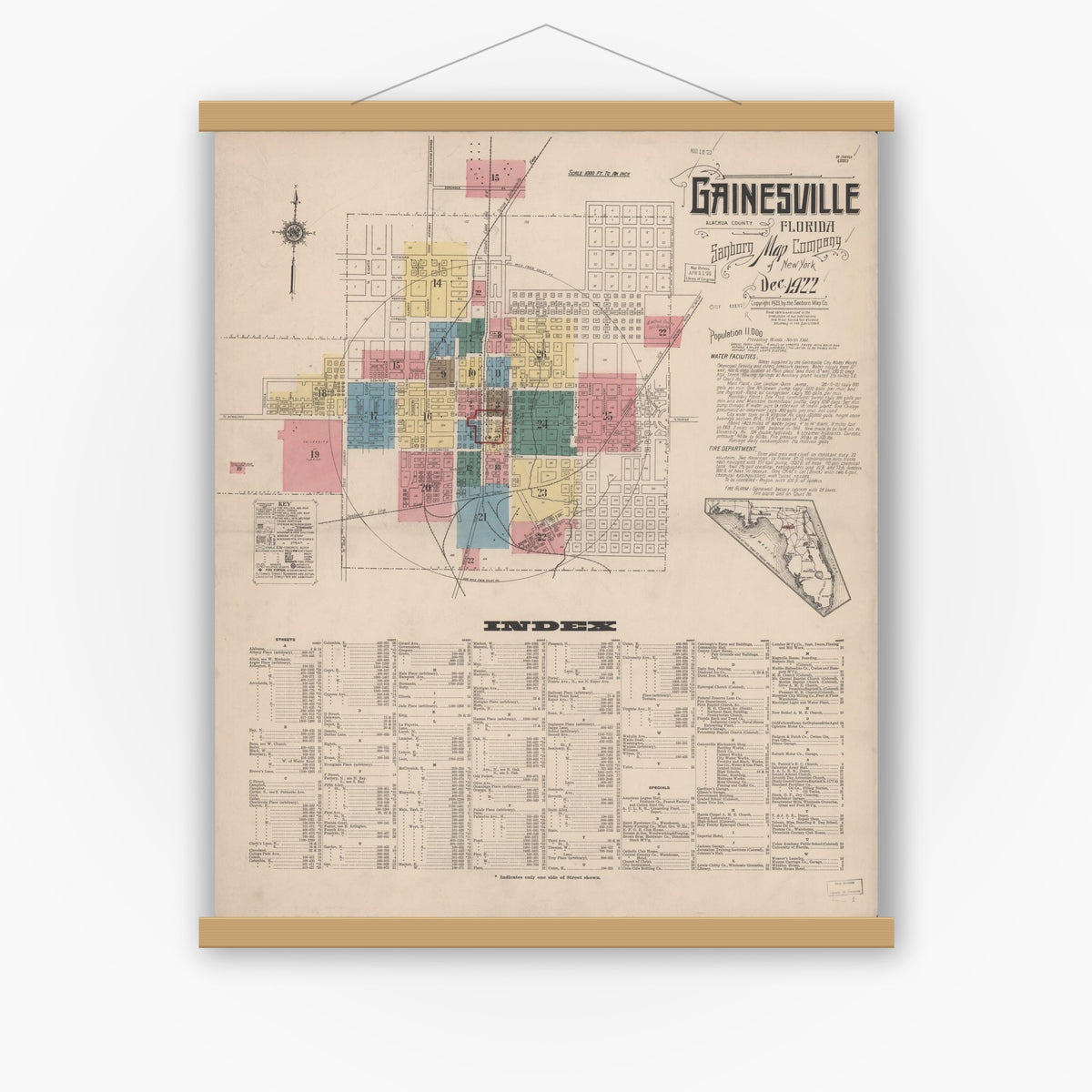 Old map wall art mockup — magnetic wood frame on white wall — Sanborn Fire Insurance Map from Gainesville, Alachua County, Florida (1922) - Complete Map Set