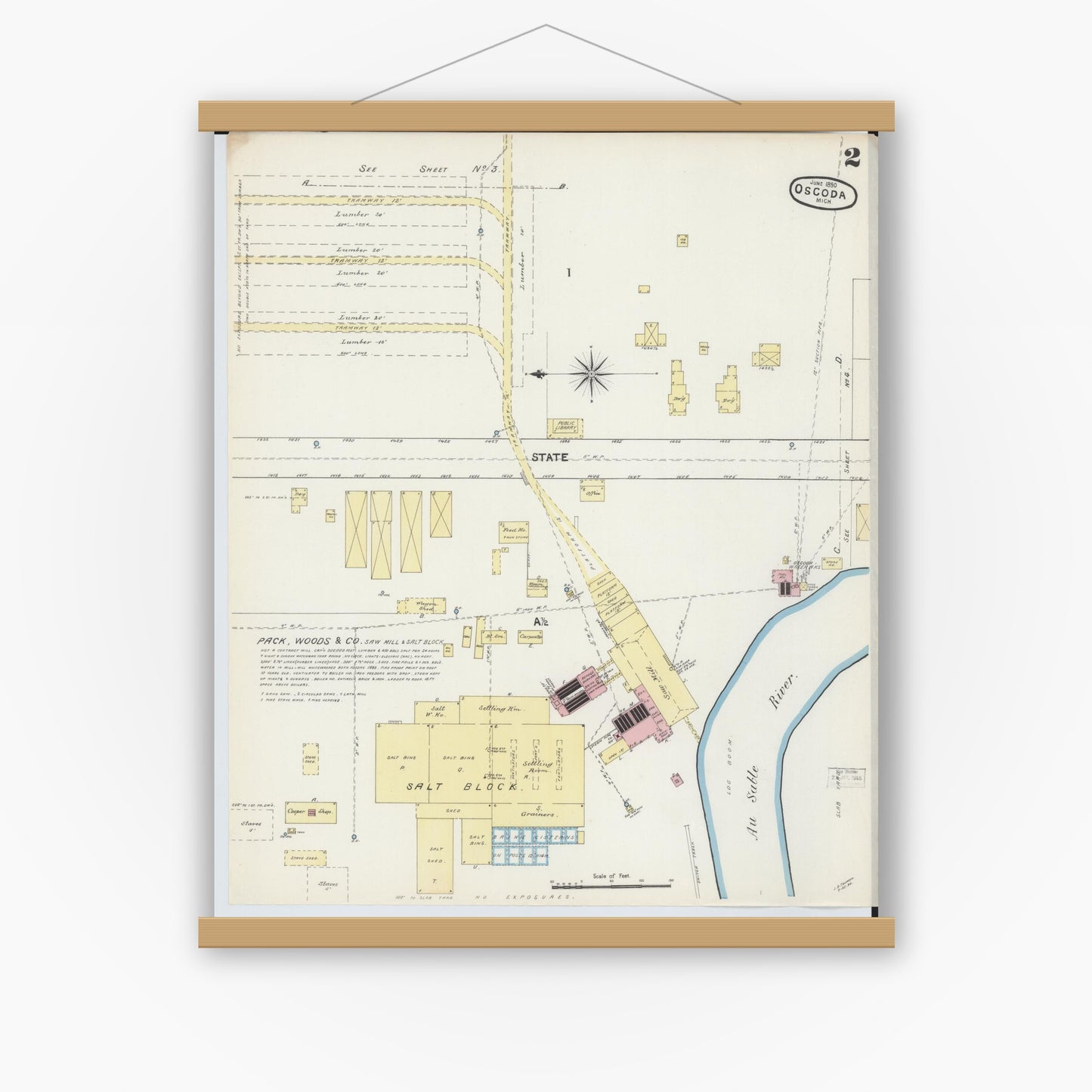 Old map wall art mockup — magnetic wood frame on white wall — Sanborn Fire Insurance Map from Oscoda, Iosco County, Michigan (1890), Sheet #0002
