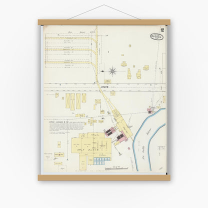 Old map wall art mockup — magnetic wood frame on white wall — Sanborn Fire Insurance Map from Oscoda, Iosco County, Michigan (1890), Sheet #0002