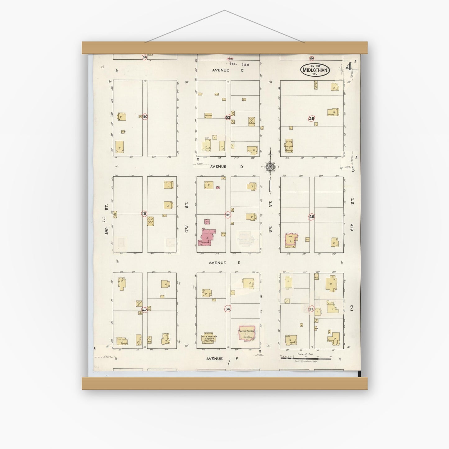 Old map wall art mockup — magnetic wood frame on white wall — Sanborn Fire Insurance Map from Midlothian, Ellis County, Texas (1944), Sheet #0004