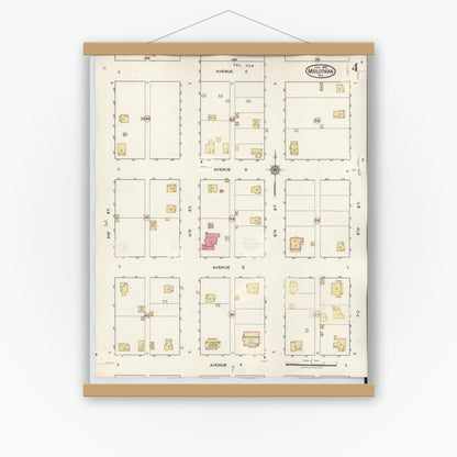 Old map wall art mockup — magnetic wood frame on white wall — Sanborn Fire Insurance Map from Midlothian, Ellis County, Texas (1944), Sheet #0004