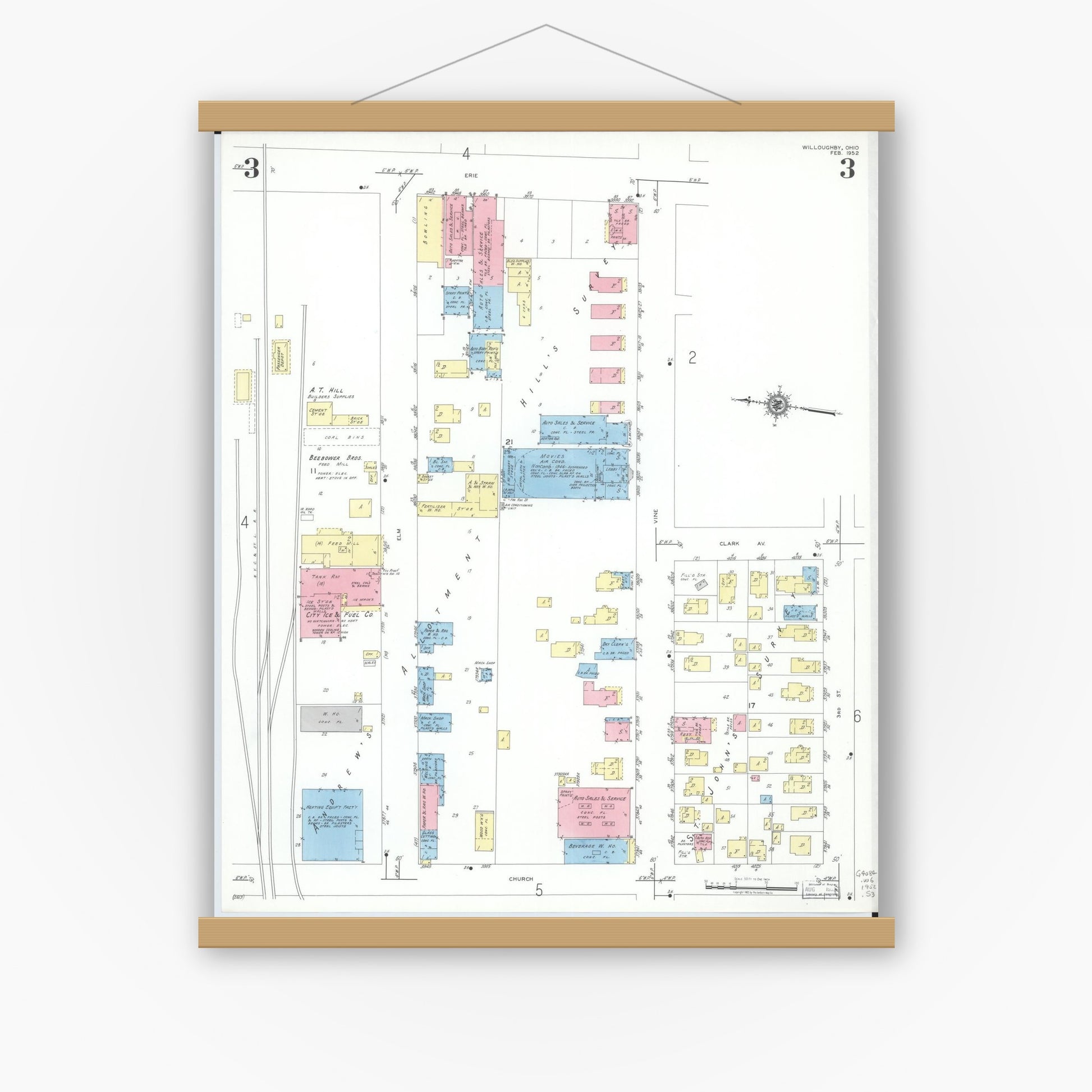 Old map wall art mockup — magnetic wood frame on white wall — Sanborn Fire Insurance Map from Willoughby, Lake County, Ohio (1952), Sheet #0003