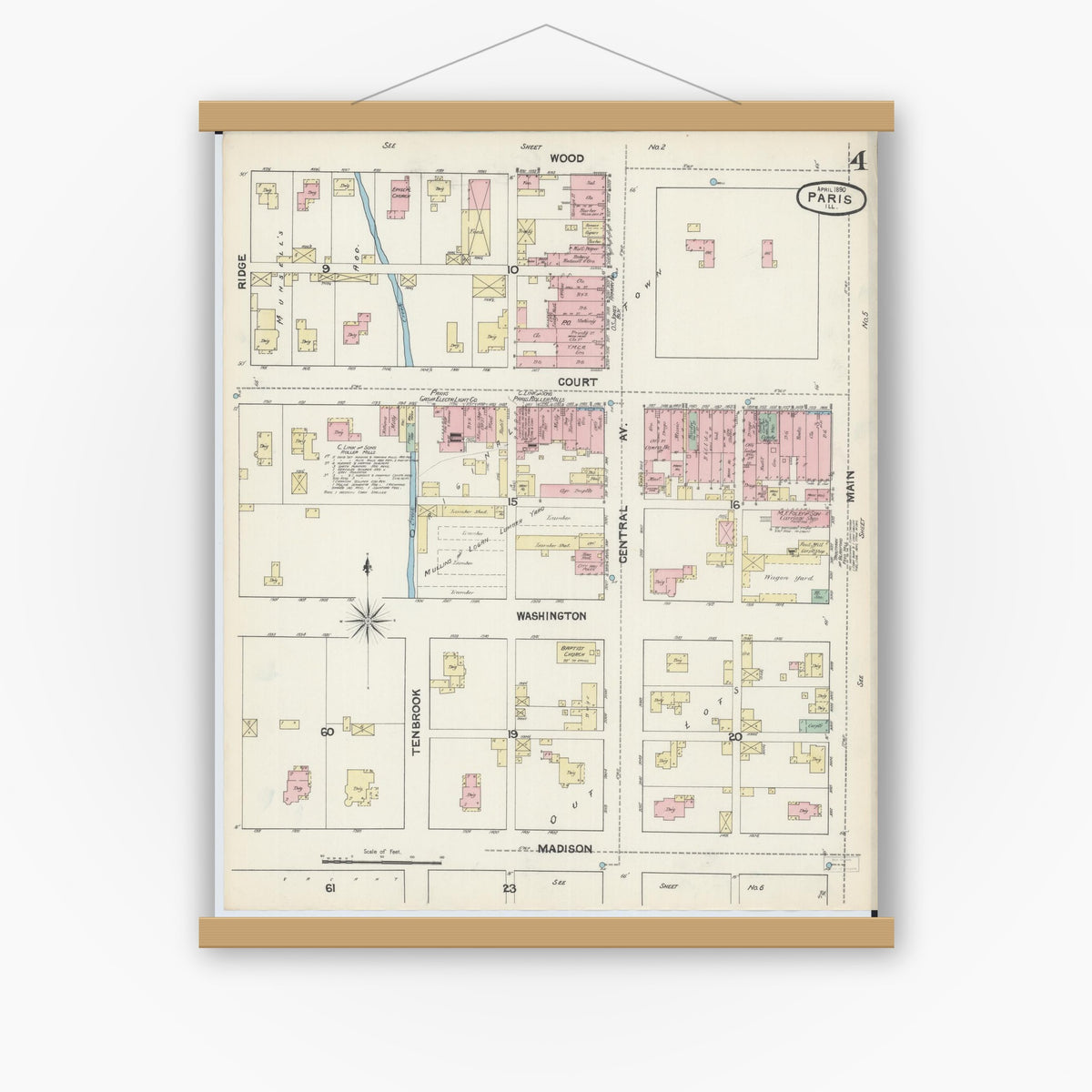 Old map wall art mockup — magnetic wood frame on white wall — Sanborn Fire Insurance Map from Paris, Edgar County, Illinois (1890), Sheet #0004