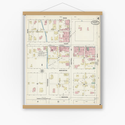 Old map wall art mockup — magnetic wood frame on white wall — Sanborn Fire Insurance Map from Paris, Edgar County, Illinois (1890), Sheet #0004