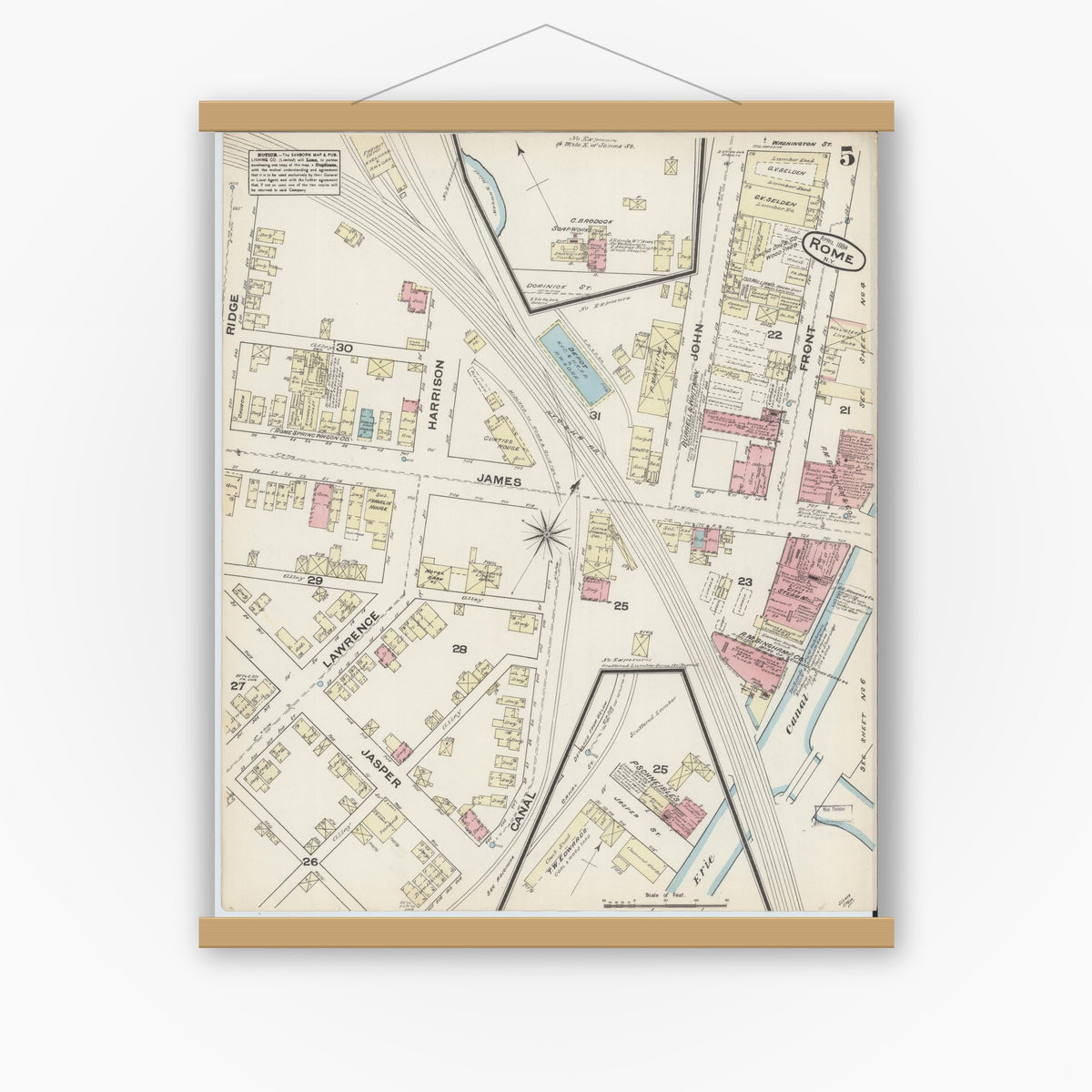 Old map wall art mockup — magnetic wood frame on white wall — Sanborn Fire Insurance Map from Rome, Oneida County, New York (1884), Sheet #0005