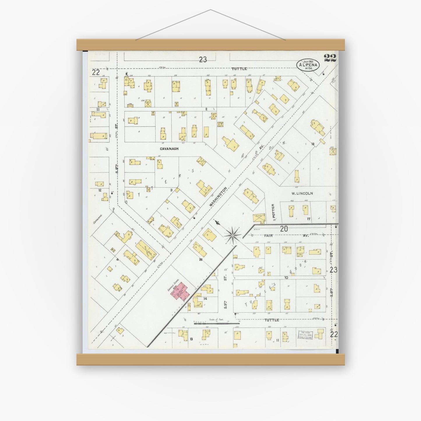 Old map wall art mockup — magnetic wood frame on white wall — Sanborn Fire Insurance Map from Alpena, Alpena County, Michigan (1901), Sheet #0022