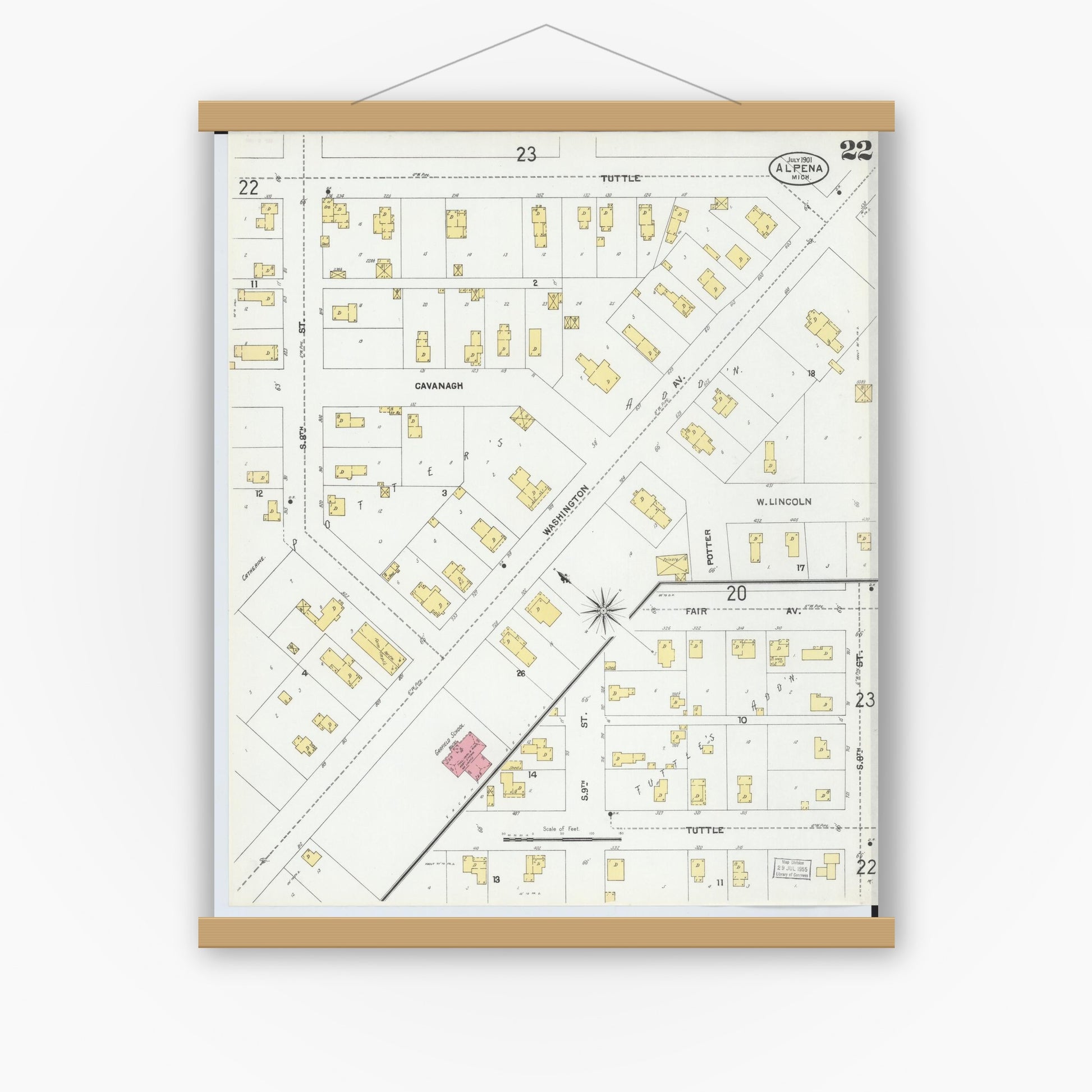Old map wall art mockup — magnetic wood frame on white wall — Sanborn Fire Insurance Map from Alpena, Alpena County, Michigan (1901), Sheet #0022