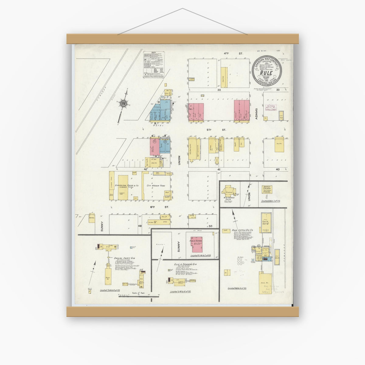 Old map wall art mockup — magnetic wood frame on white wall — Sanborn Fire Insurance Map from Rule, Haskell County, Texas (1911), Sheet #0001