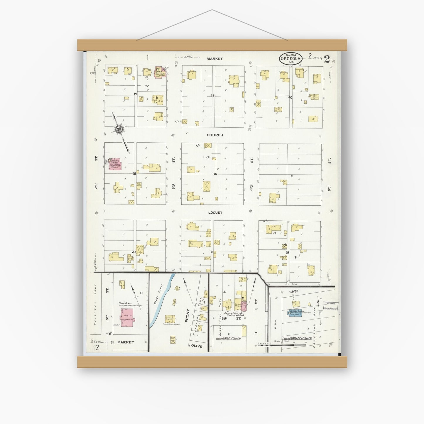 Old map wall art mockup — magnetic wood frame on white wall — Sanborn Fire Insurance Map from Osceola, Saint Clair County, Missouri (1909), Sheet #0002