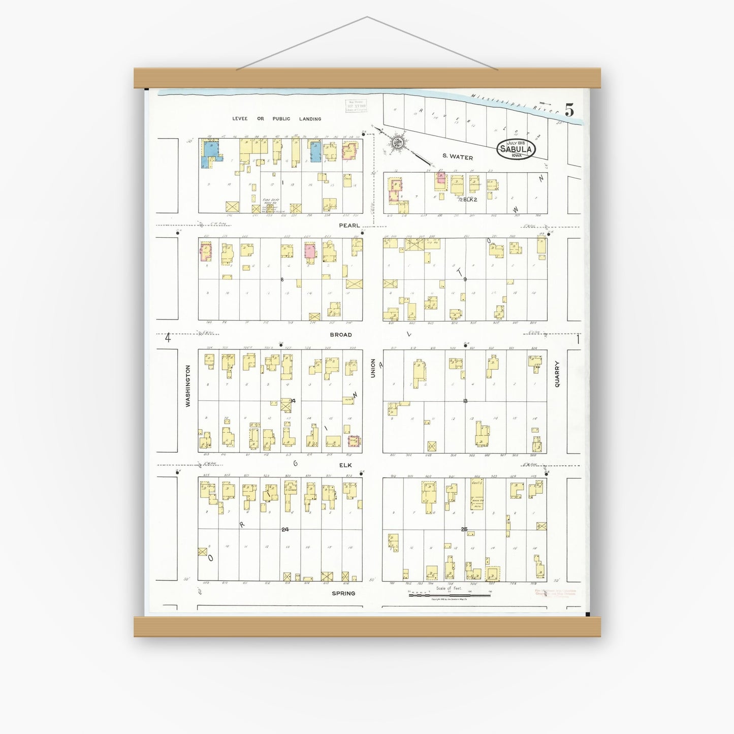 Old map wall art mockup — magnetic wood frame on white wall — Sanborn Fire Insurance Map from Sabula, Jackson County, Iowa (1918), Sheet #0005