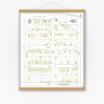 Old map wall art mockup — magnetic wood frame on white wall — Sanborn Fire Insurance Map from Sabula, Jackson County, Iowa (1918), Sheet #0005