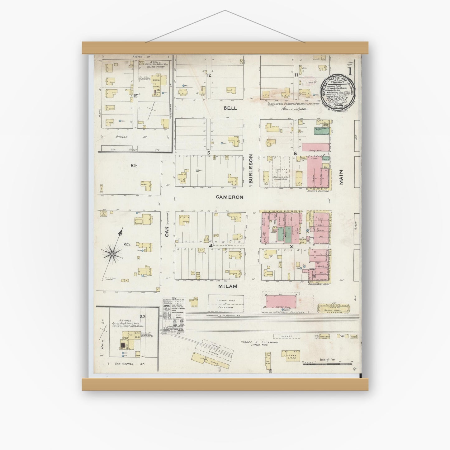 Old map wall art mockup — magnetic wood frame on white wall — Sanborn Fire Insurance Map from Rockdale, Milam County, Texas (1891) - Complete Map Set