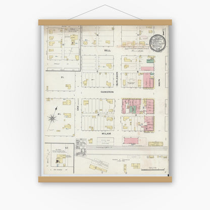Old map wall art mockup — magnetic wood frame on white wall — Sanborn Fire Insurance Map from Rockdale, Milam County, Texas (1891) - Complete Map Set
