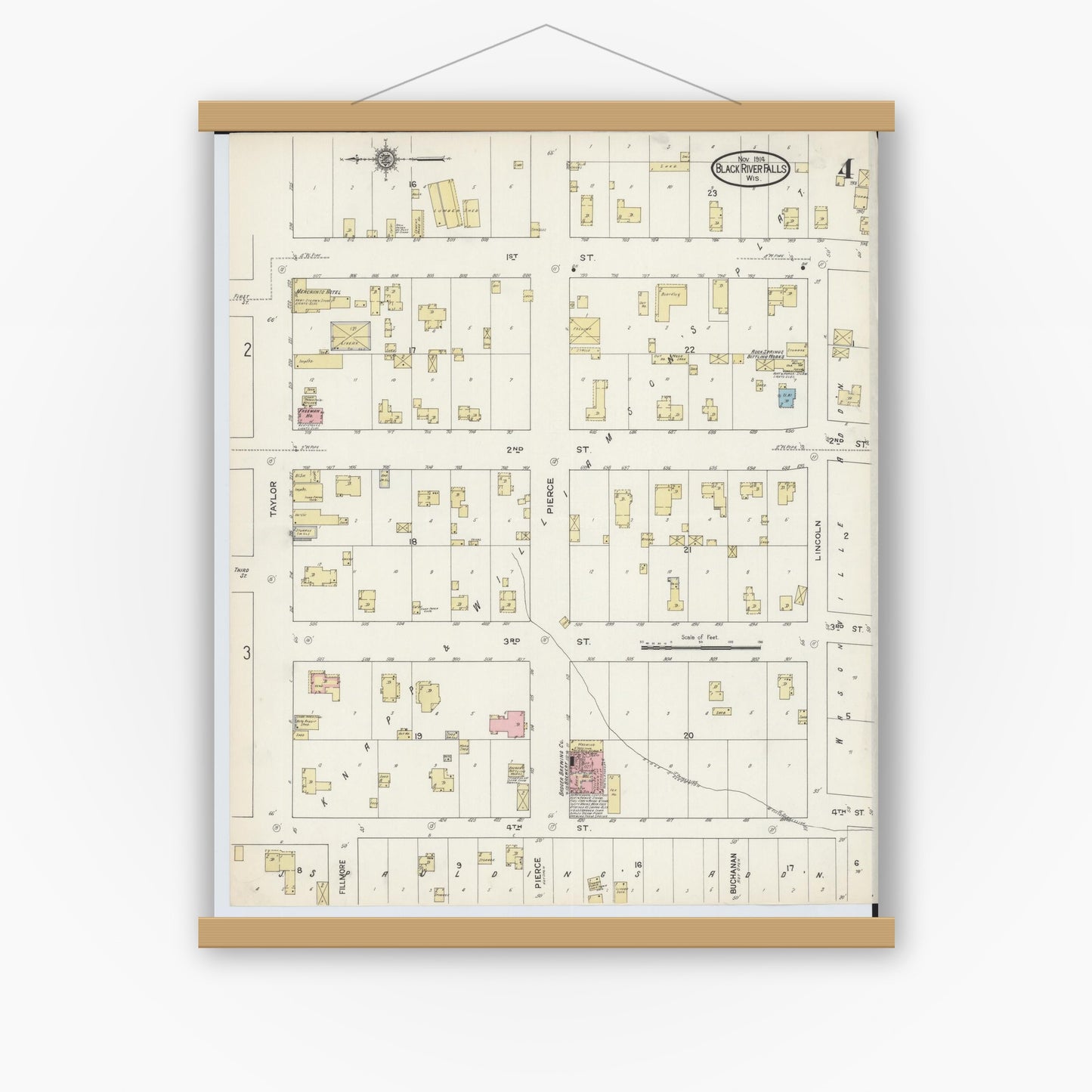 Old map wall art mockup — magnetic wood frame on white wall — Sanborn Fire Insurance Map from Black River Falls, Jackson County, Wisconsin (1914), Sheet #0004