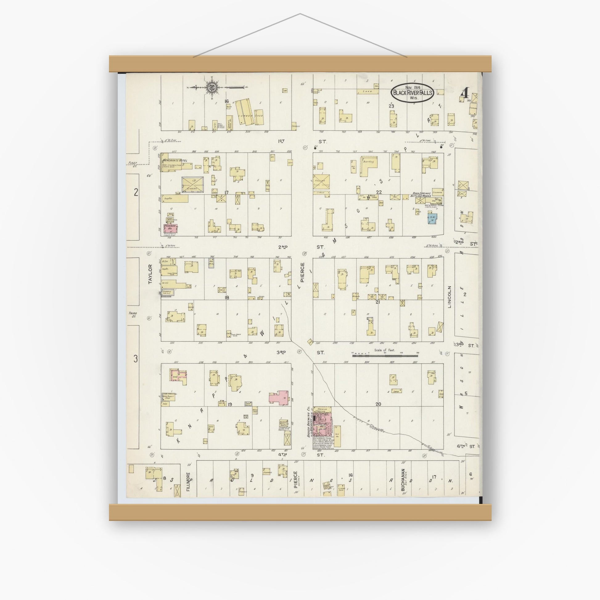 Old map wall art mockup — magnetic wood frame on white wall — Sanborn Fire Insurance Map from Black River Falls, Jackson County, Wisconsin (1914), Sheet #0004