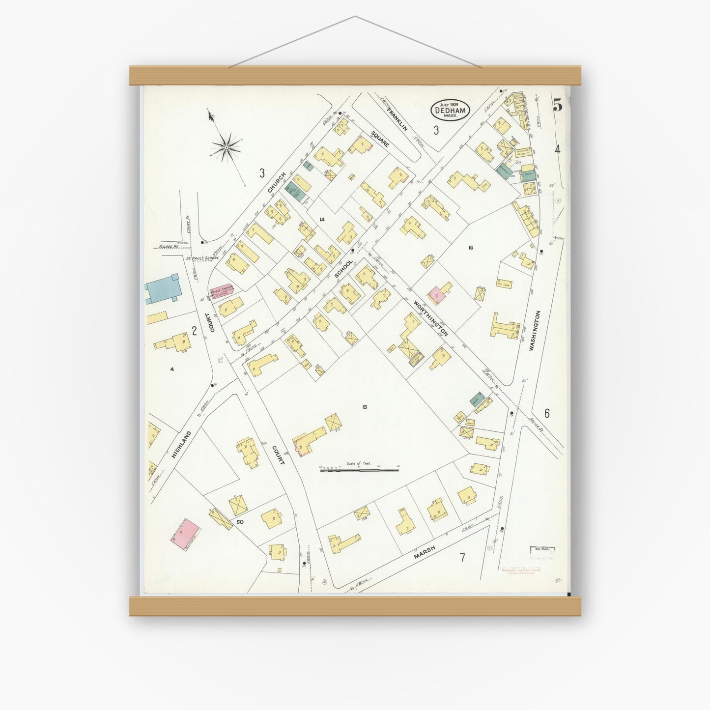 Old map wall art mockup — magnetic wood frame on white wall — Sanborn Fire Insurance Map from Dedham, Norfolk County, Massachusetts (1909), Sheet #0005
