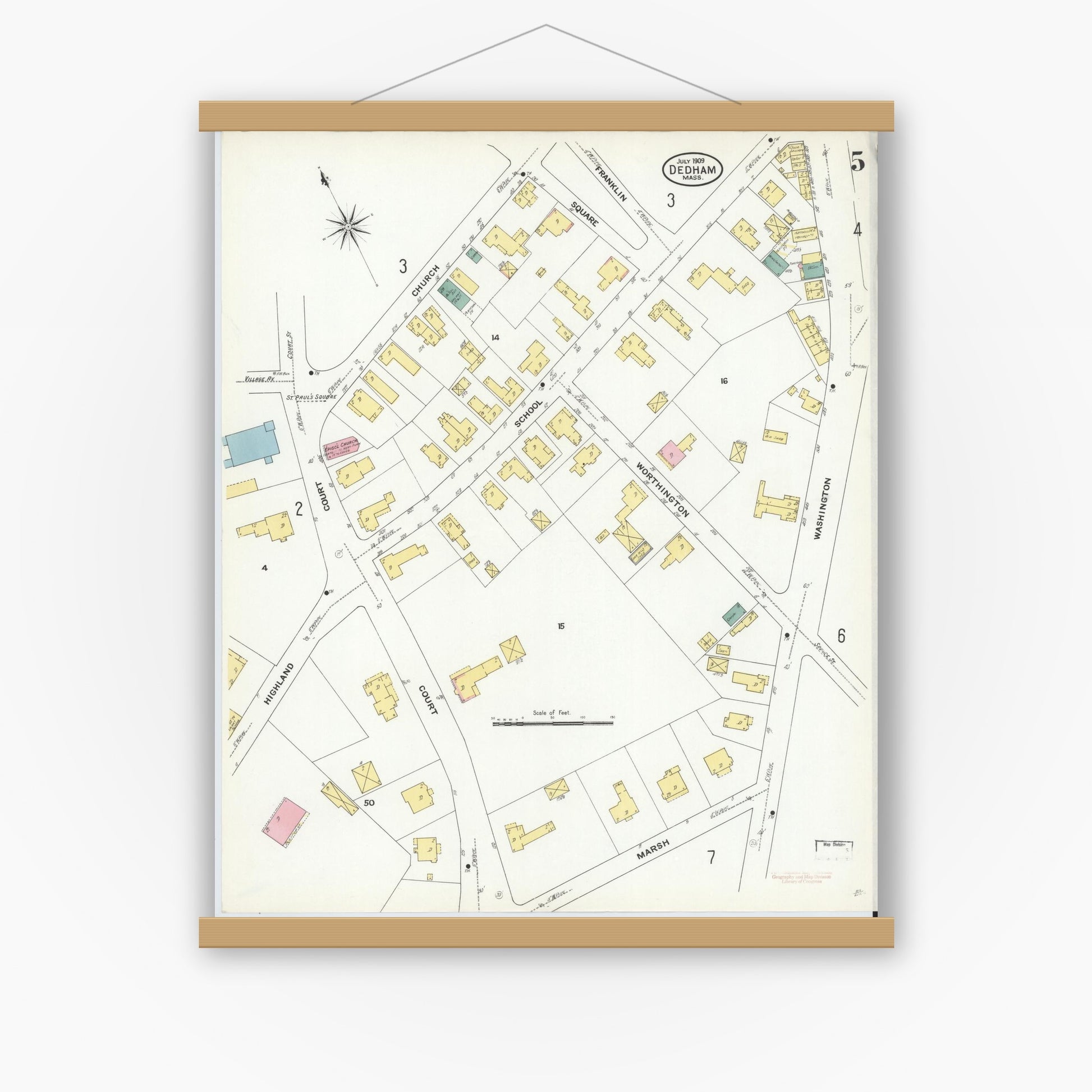 Old map wall art mockup — magnetic wood frame on white wall — Sanborn Fire Insurance Map from Dedham, Norfolk County, Massachusetts (1909), Sheet #0005