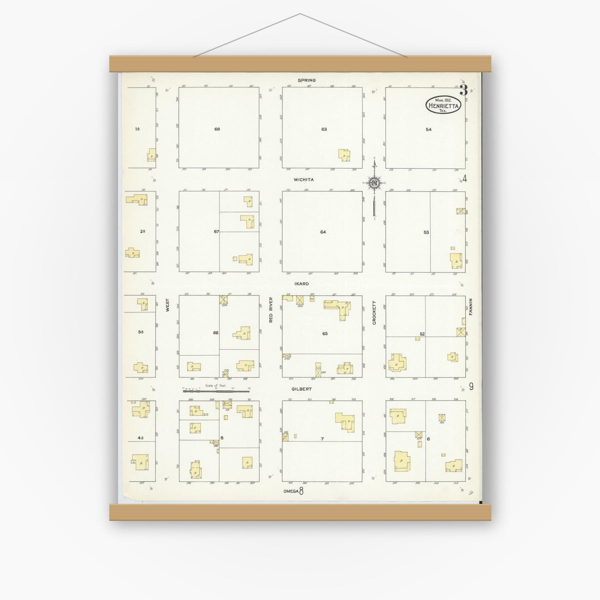 Old map wall art mockup — magnetic wood frame on white wall — Sanborn Fire Insurance Map from Henrietta, Clay County, Texas (1912), Sheet #0003
