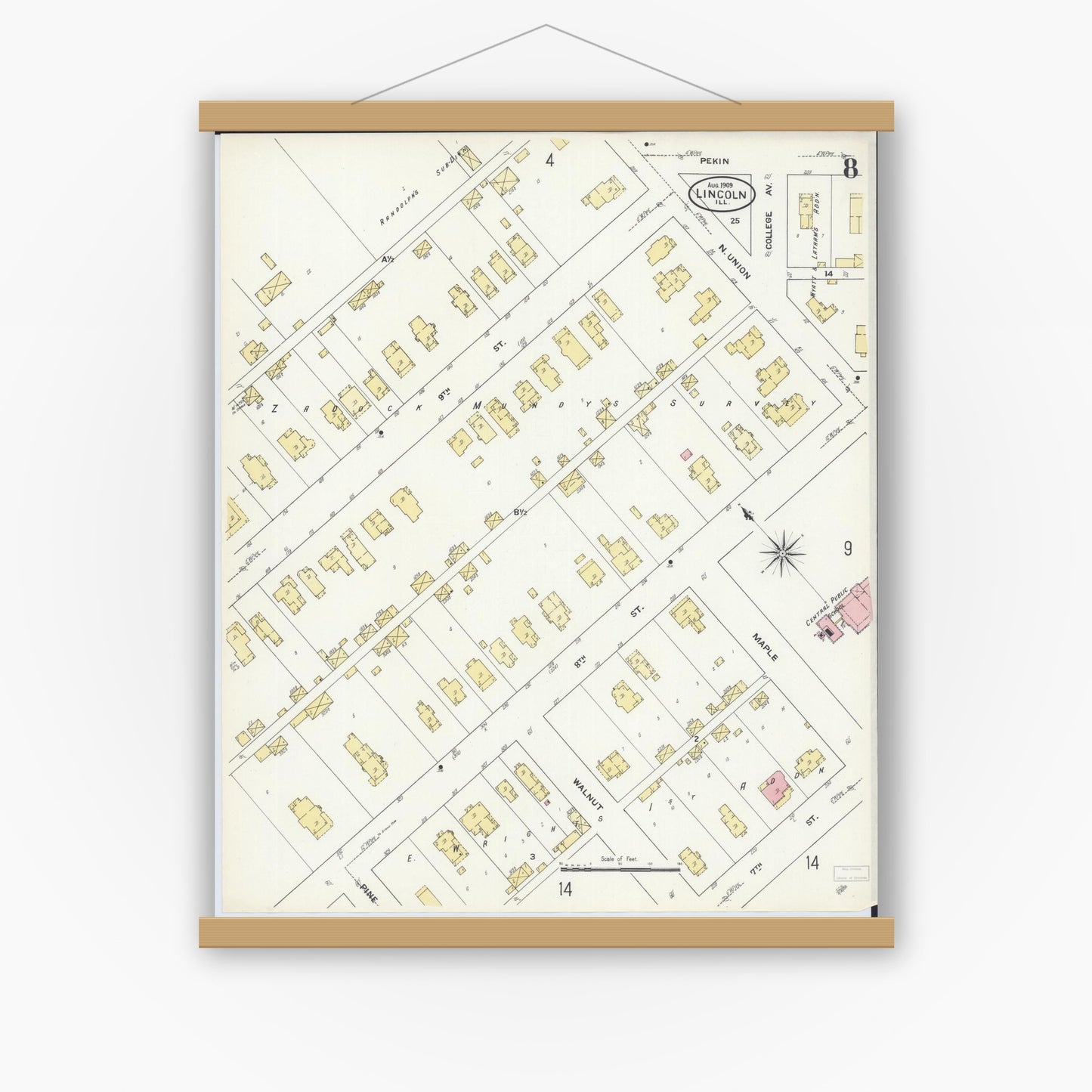 Old map wall art mockup — magnetic wood frame on white wall — Sanborn Fire Insurance Map from Lincoln, Logan County, Illinois (1909), Sheet #0008