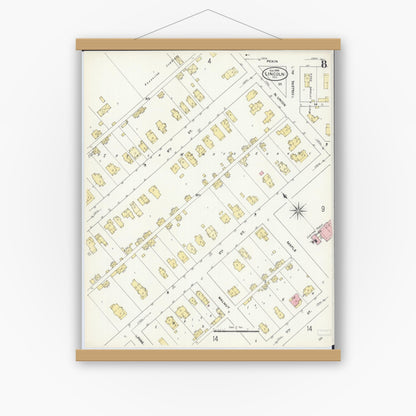 Old map wall art mockup — magnetic wood frame on white wall — Sanborn Fire Insurance Map from Lincoln, Logan County, Illinois (1909), Sheet #0008