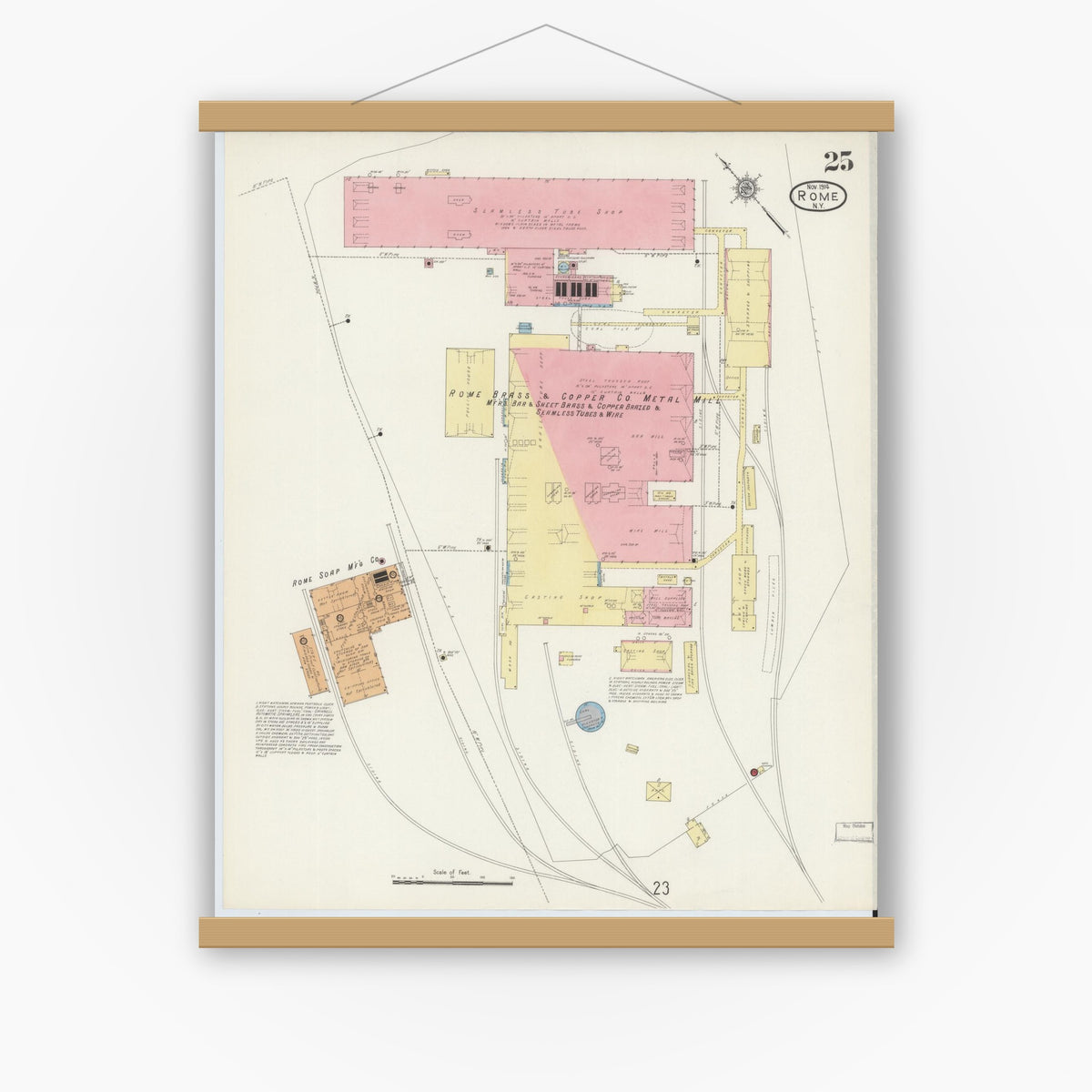 Old map wall art mockup — magnetic wood frame on white wall — Sanborn Fire Insurance Map from Rome, Oneida County, New York (1914), Sheet #0025