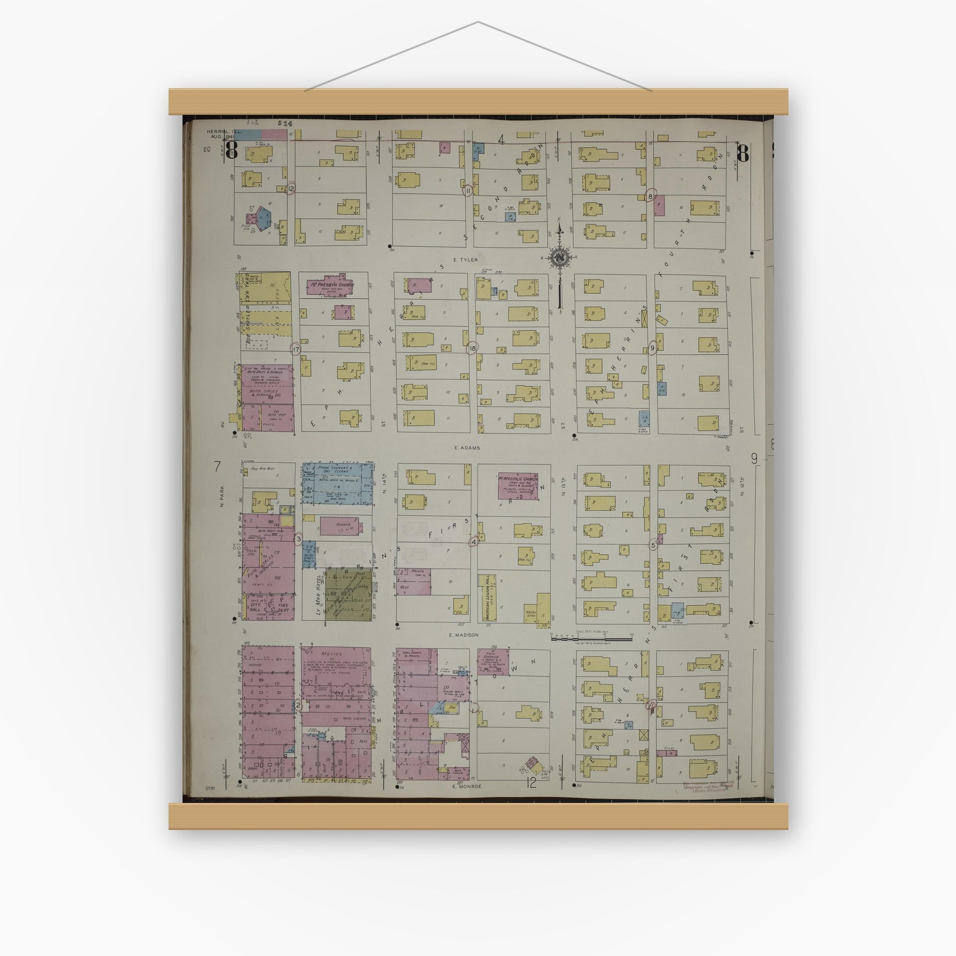 Old map wall art mockup — magnetic wood frame on white wall — Sanborn Fire Insurance Map from Herrin, Williamson County, Illinois (1947), Sheet #0008