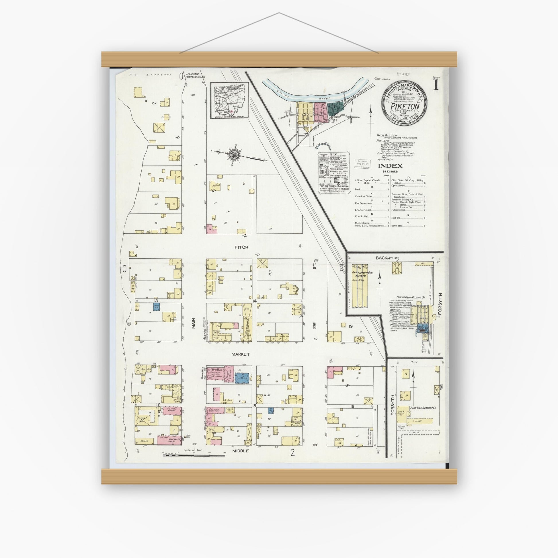 Old map wall art mockup — magnetic wood frame on white wall — Sanborn Fire Insurance Map from Piketon, Pike County, Ohio (1921) - Complete Map Set