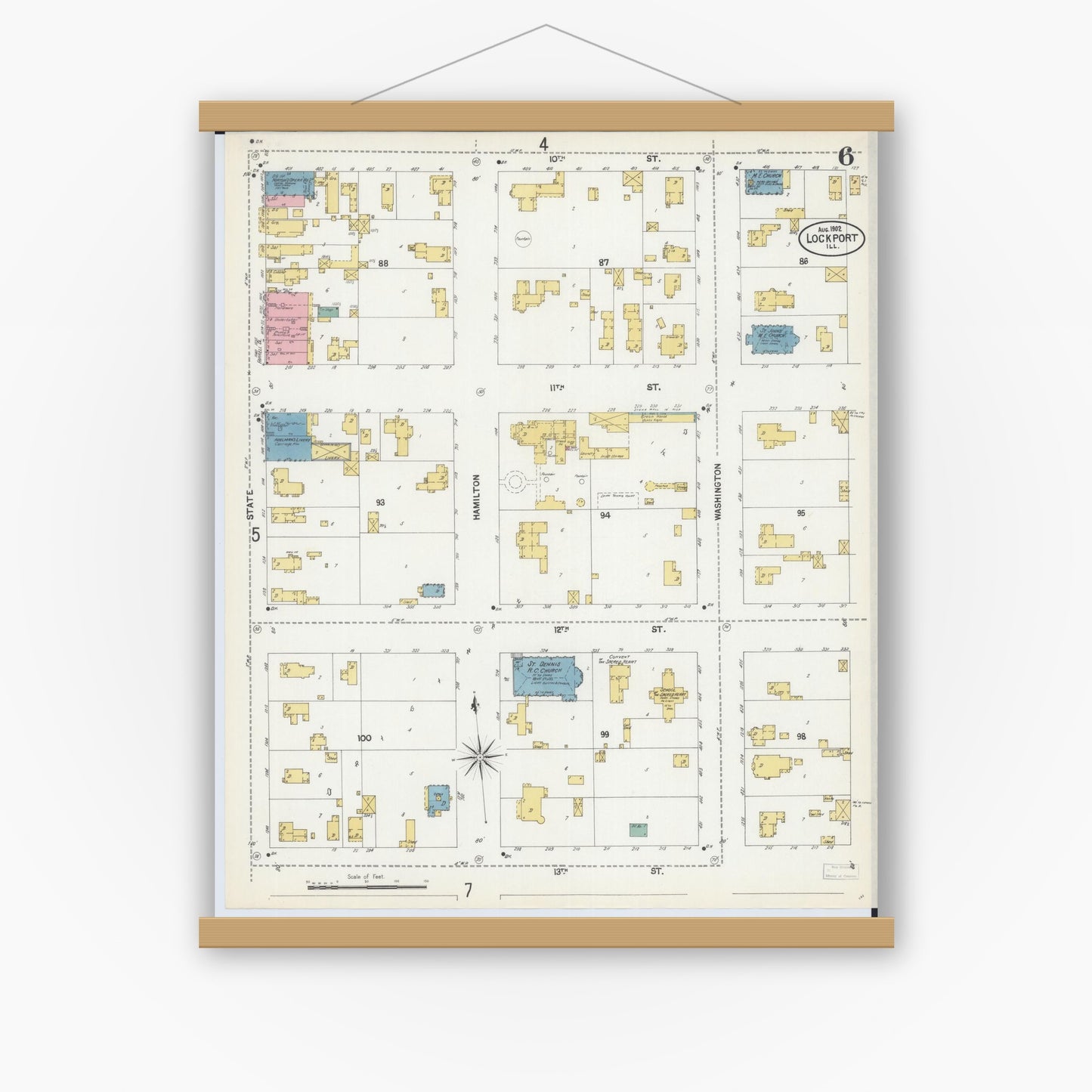 Old map wall art mockup — magnetic wood frame on white wall — Sanborn Fire Insurance Map from Lockport, Will County, Illinois (1902), Sheet #0006