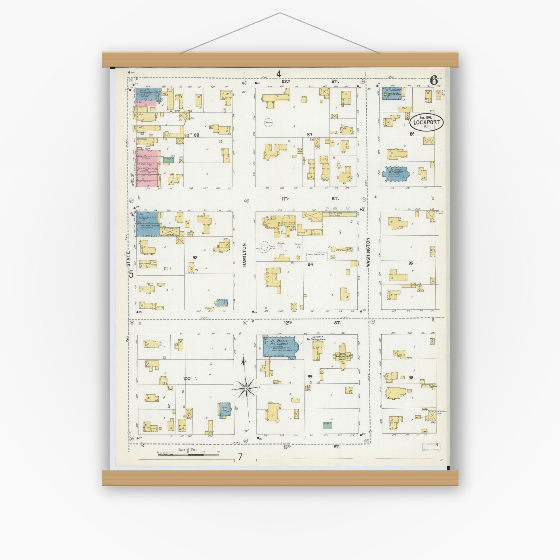 Old map wall art mockup — magnetic wood frame on white wall — Sanborn Fire Insurance Map from Lockport, Will County, Illinois (1902), Sheet #0006