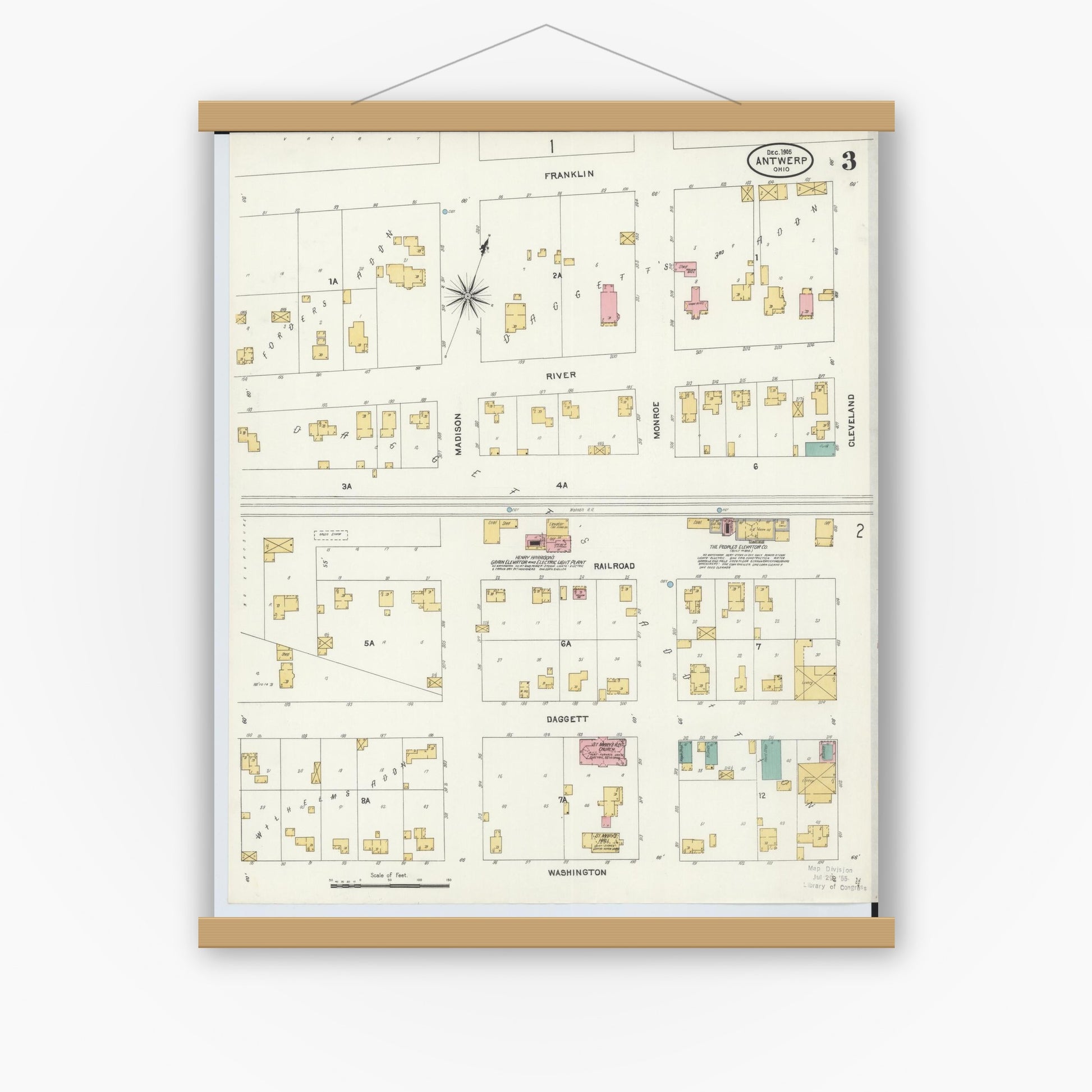 Old map wall art mockup — magnetic wood frame on white wall — Sanborn Fire Insurance Map from Antwerp, Paulding County, Ohio (1905), Sheet #0003