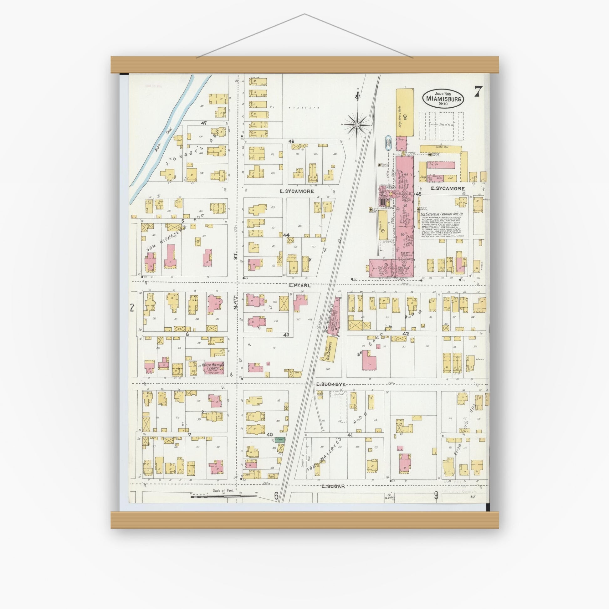 Old map wall art mockup — magnetic wood frame on white wall — Sanborn Fire Insurance Map from Miamisburg, Montgomery County, Ohio (1905), Sheet #0007