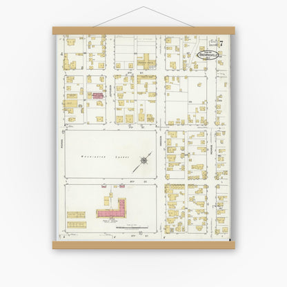 Old map wall art mockup — magnetic wood frame on white wall — Sanborn Fire Insurance Map from Brownsville, Cameron County, Texas (1919), Sheet #0007