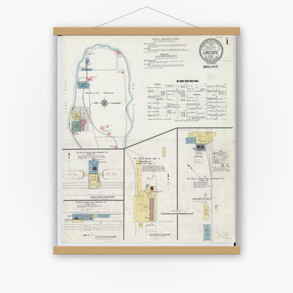 Old map wall art mockup — magnetic wood frame on white wall — Sanborn Fire Insurance Map from Lakeside, Ottawa County, Ohio (1910), Sheet #0001