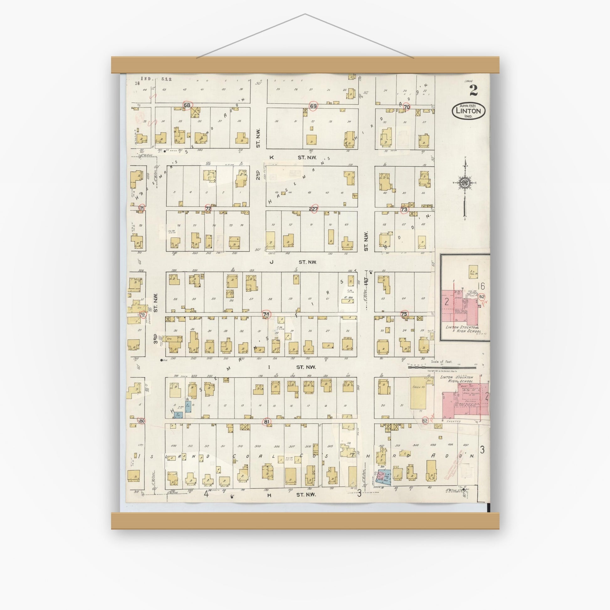 Old map wall art mockup — magnetic wood frame on white wall — Sanborn Fire Insurance Map from Linton, Greene County, Indiana (1948), Sheet #0002