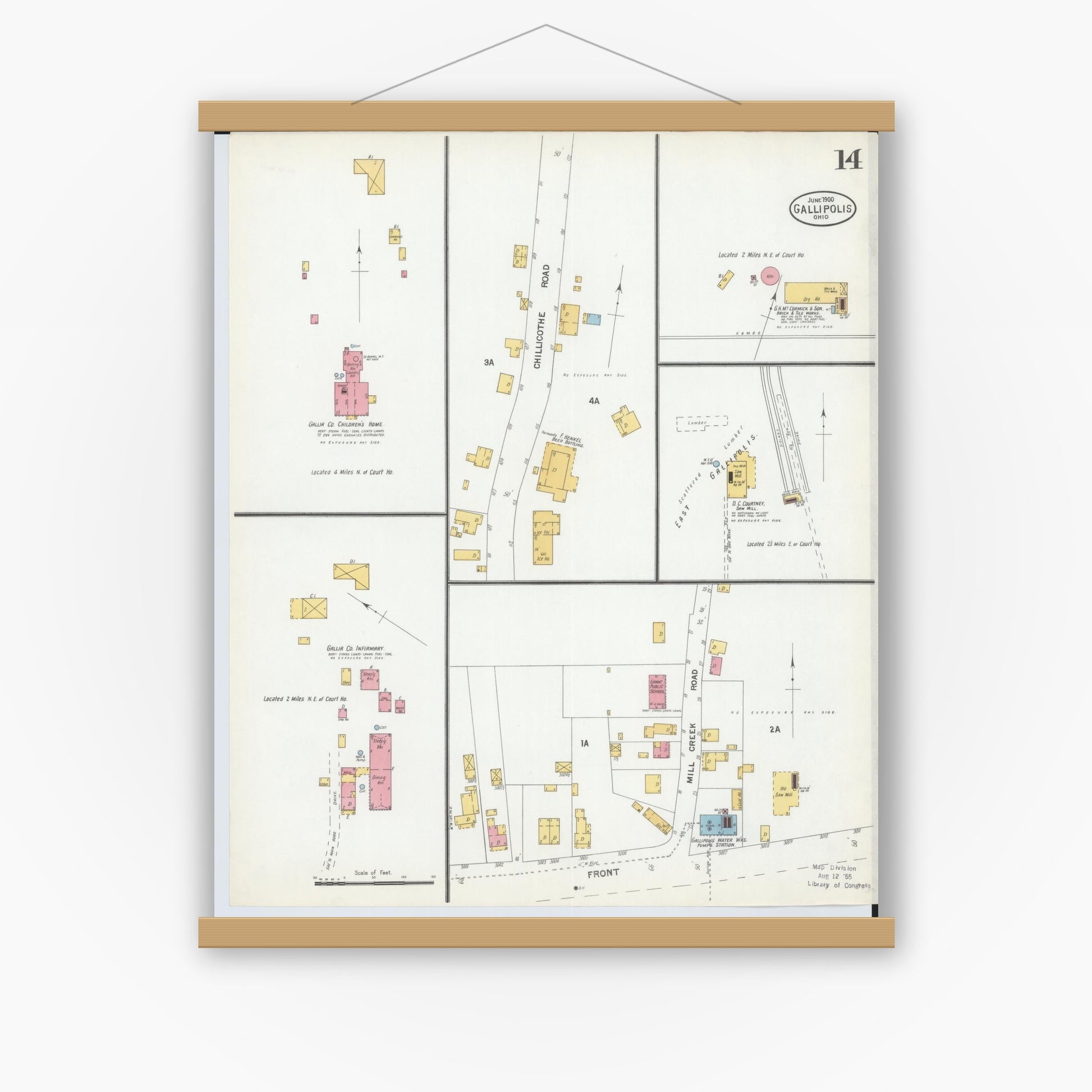 Old map wall art mockup — magnetic wood frame on white wall — Sanborn Fire Insurance Map from Gallipolis, Gallia County, Ohio (1900), Sheet #0014