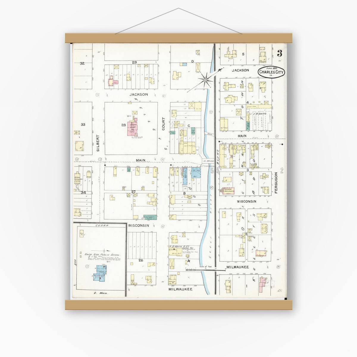 Old map wall art mockup — magnetic wood frame on white wall — Sanborn Fire Insurance Map from Charles City, Floyd County, Iowa (1892), Sheet #0003