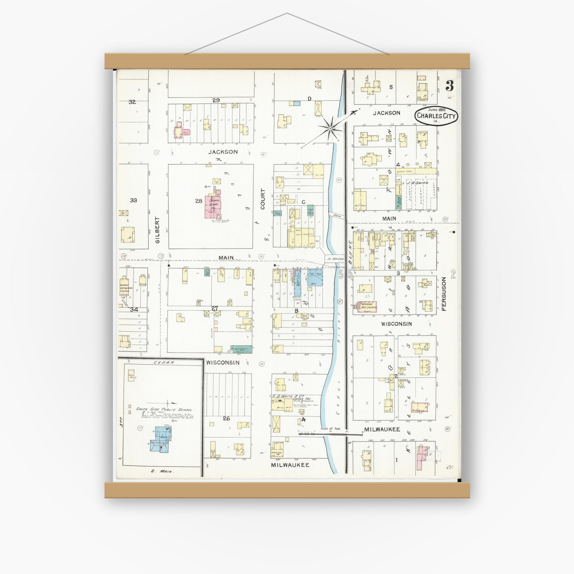 Old map wall art mockup — magnetic wood frame on white wall — Sanborn Fire Insurance Map from Charles City, Floyd County, Iowa (1892), Sheet #0003