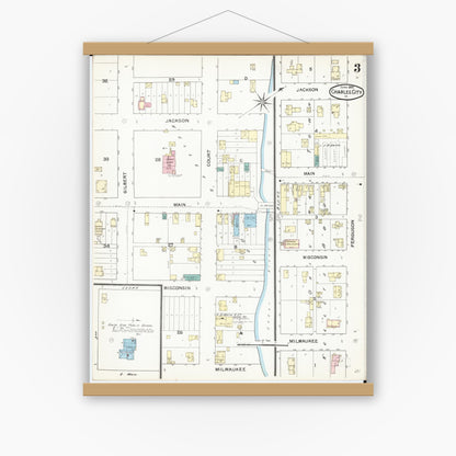 Old map wall art mockup — magnetic wood frame on white wall — Sanborn Fire Insurance Map from Charles City, Floyd County, Iowa (1892), Sheet #0003