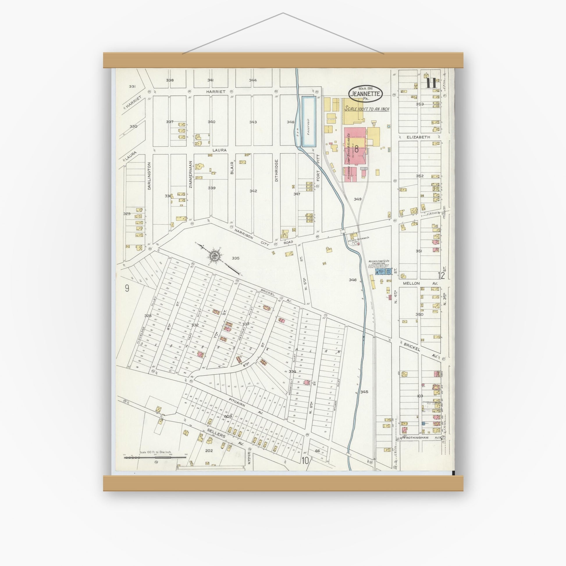 Old map wall art mockup — magnetic wood frame on white wall — Sanborn Fire Insurance Map from Jeannette, Westmoreland County, Pennsylvania (1916), Sheet #0011