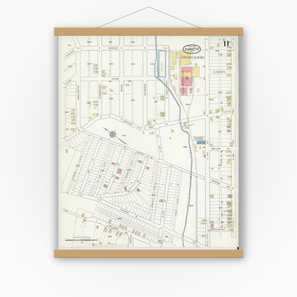 Old map wall art mockup — magnetic wood frame on white wall — Sanborn Fire Insurance Map from Jeannette, Westmoreland County, Pennsylvania (1916), Sheet #0011