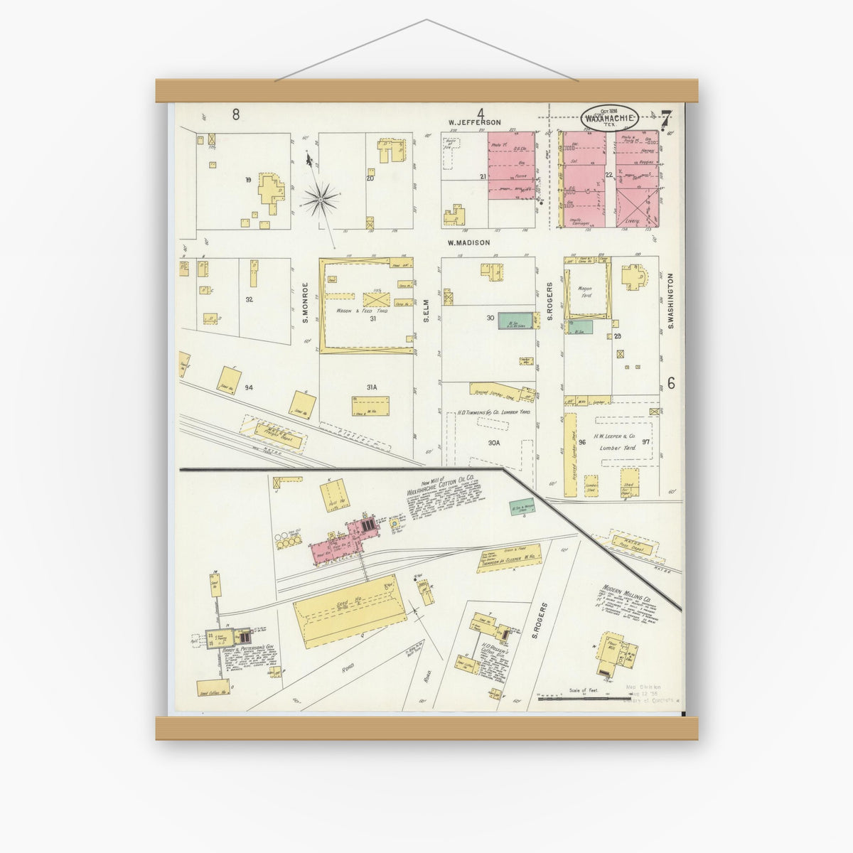 Old map wall art mockup — magnetic wood frame on white wall — Sanborn Fire Insurance Map from Waxahachie, Ellis County, Texas (1898), Sheet #0007