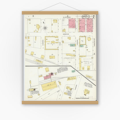 Old map wall art mockup — magnetic wood frame on white wall — Sanborn Fire Insurance Map from Waxahachie, Ellis County, Texas (1898), Sheet #0007
