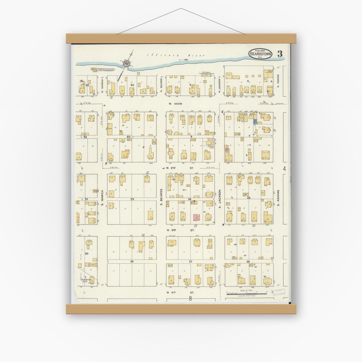 Old map wall art mockup — magnetic wood frame on white wall — Sanborn Fire Insurance Map from Beardstown, Cass County, Illinois (1919), Sheet #0003